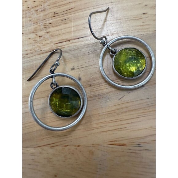 Green Glass & Silver-Tone Double Circle Dangle Earrings 90's - Picture 6 of 6